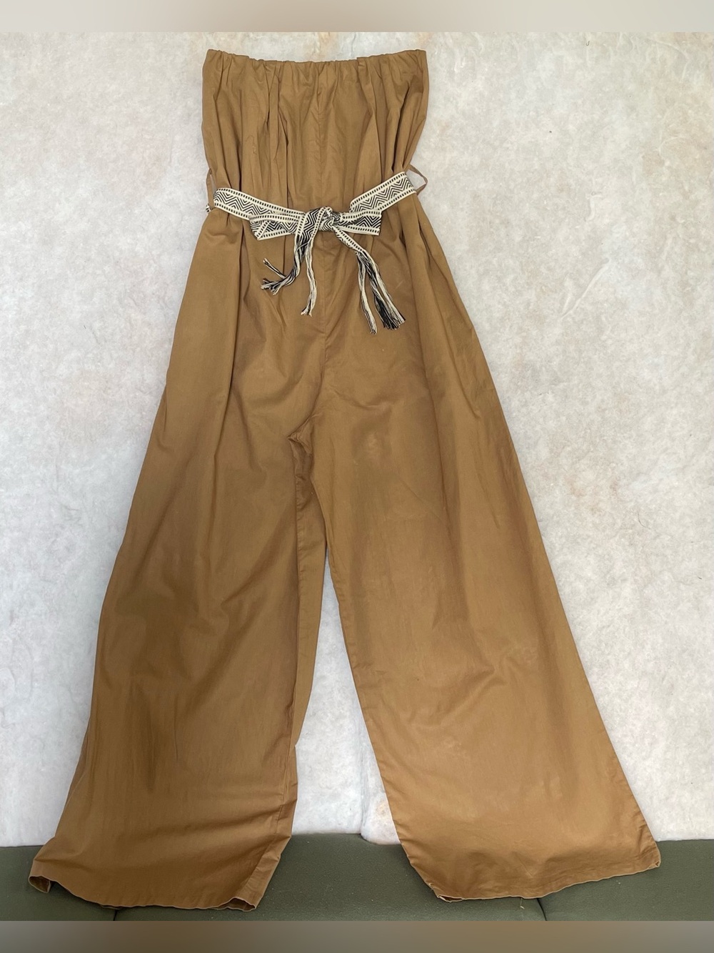 Kaktus Strapless Oversized Khaki Jumpsuit Feat Flowy Wide Leg W Belt(SKU687)